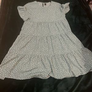 Sage Green Polka Dot Tiered Swing Dress with Flutter Sleeves